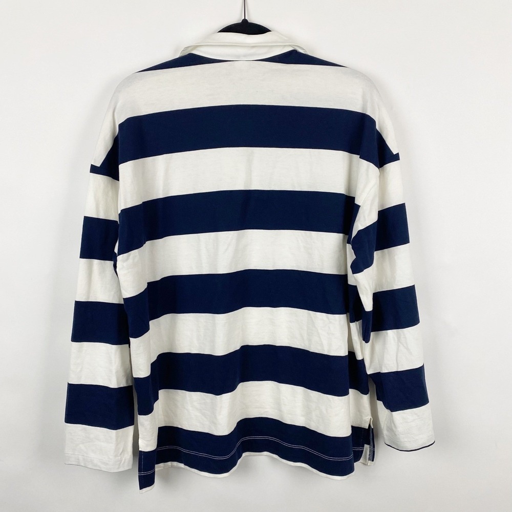 Old Navy Rugby Polo Shirt Womens Medium Navy Blue White Striped Oversized Cotton - Picture 2 of 7